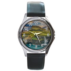 Coastline Waterfall Landscape Round Metal Watch by Celenk