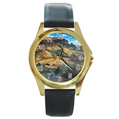 Nature Landscape Mountains Outdoor Round Gold Metal Watch by Celenk