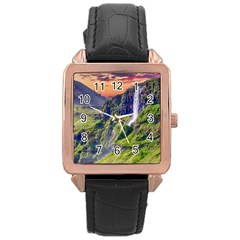 Waterfall Landscape Nature Scenic Rose Gold Leather Watch  by Celenk