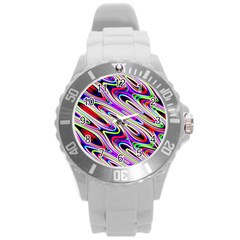 Multi Color Wave Abstract Pattern Round Plastic Sport Watch (l) by Celenk