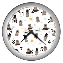 Groundhog Day Pattern Wall Clocks (silver)  by Valentinaart