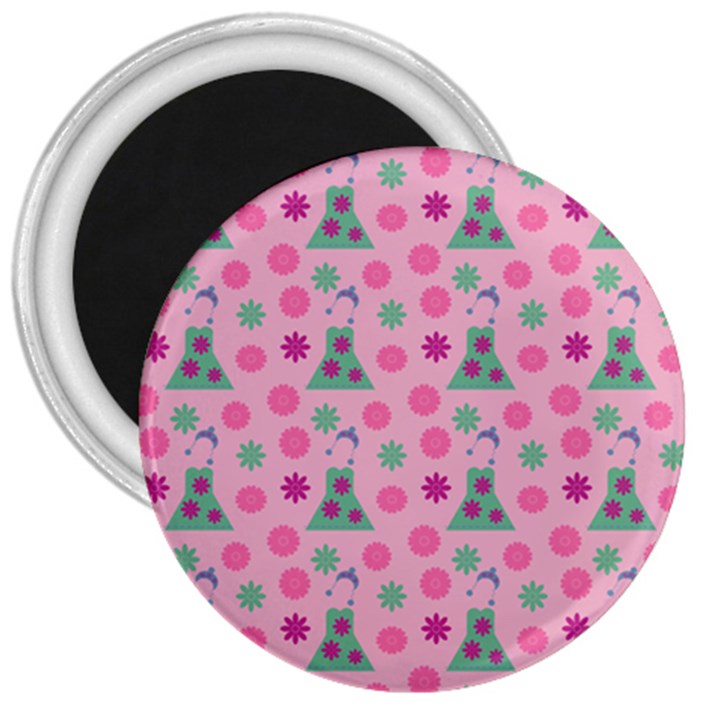 Green Dress Pink 3  Magnets