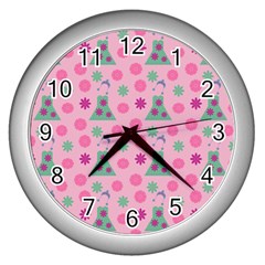 Green Dress Pink Wall Clocks (silver)  by snowwhitegirl