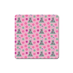 Green Dress Pink Square Magnet by snowwhitegirl