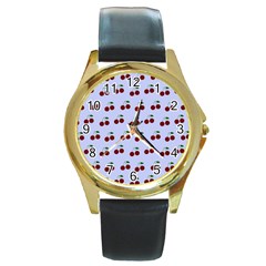 Blue Cherries Round Gold Metal Watch by snowwhitegirl