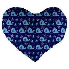 Blue Sea Whales Large 19  Premium Flano Heart Shape Cushions by snowwhitegirl