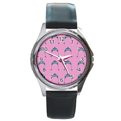 Pink Flower Teal Hat Round Metal Watch by snowwhitegirl