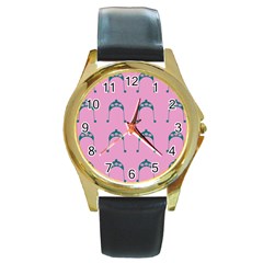 Pink Flower Teal Hat Round Gold Metal Watch