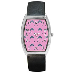 Pink Flower Teal Hat Barrel Style Metal Watch