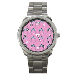 Pink Flower Teal Hat Sport Metal Watch