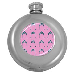 Pink Flower Teal Hat Round Hip Flask (5 oz)