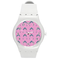 Pink Flower Teal Hat Round Plastic Sport Watch (M)