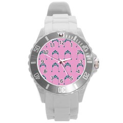 Pink Flower Teal Hat Round Plastic Sport Watch (L)