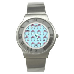 Blue Flower Red Hat Stainless Steel Watch by snowwhitegirl