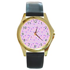 Blue Pink Hearts Round Gold Metal Watch by snowwhitegirl