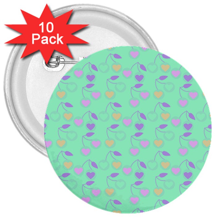 Mint Heart Cherries 3  Buttons (10 pack) 