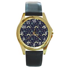 Music Stars Dark Teal Round Gold Metal Watch by snowwhitegirl