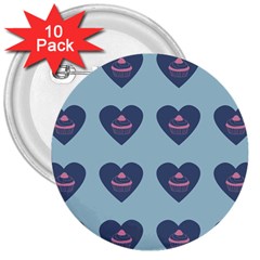 Cupcake Heart Teal Blue 3  Buttons (10 Pack)  by snowwhitegirl