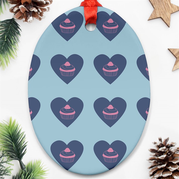 Cupcake Heart Teal Blue Oval Ornament (Two Sides)