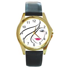 Makeup Face Girl Sweet Round Gold Metal Watch