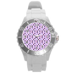 Black White Pink Blue Eggs On Violet Round Plastic Sport Watch (l) by snowwhitegirl