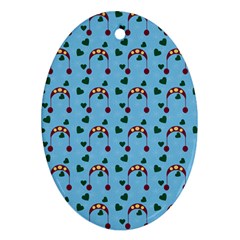 Winter Hat Red Green Hearts Snow Blue Ornament (oval) by snowwhitegirl