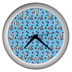 Winter Hat Red Green Hearts Snow Blue Wall Clocks (silver)  by snowwhitegirl