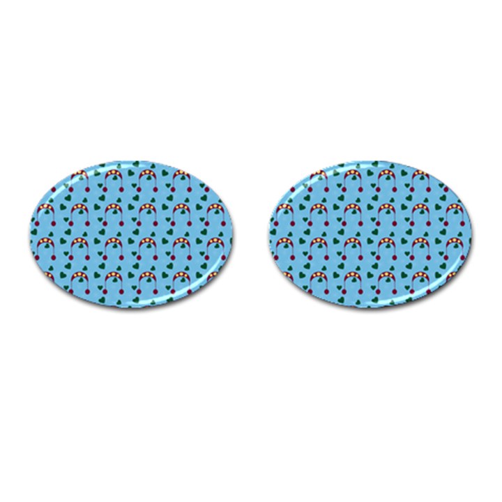 Winter Hat Red Green Hearts Snow Blue Cufflinks (Oval)