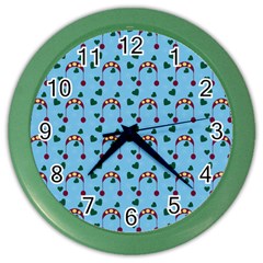 Winter Hat Red Green Hearts Snow Blue Color Wall Clocks by snowwhitegirl