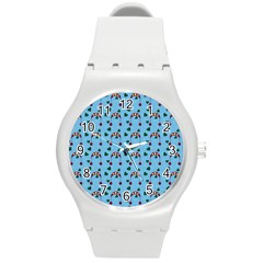 Winter Hat Red Green Hearts Snow Blue Round Plastic Sport Watch (m) by snowwhitegirl