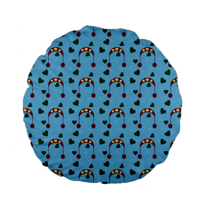 Winter Hat Red Green Hearts Snow Blue Standard 15  Premium Round Cushions