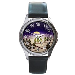 Background Christmas Snow Figure Round Metal Watch by Nexatart