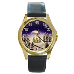 Background Christmas Snow Figure Round Gold Metal Watch by Nexatart