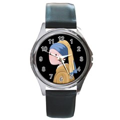 Girl With A Pearl Earring Round Metal Watch by Valentinaart