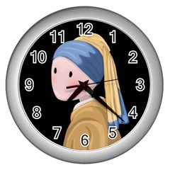 Girl With A Pearl Earring Wall Clocks (silver)  by Valentinaart