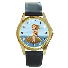 The Birth Of Venus Round Gold Metal Watch by Valentinaart