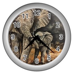 Elephant Mother And Baby Wall Clocks (silver)  by ArtByThree