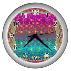 Years Of Peace Living In A Paradise Of Calm And Colors Wall Clocks (silver)  by pepitasart