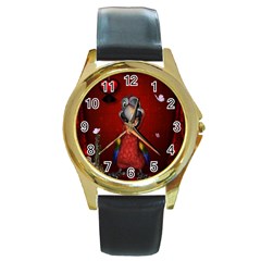 Funny, Cute Parrot With Butterflies Round Gold Metal Watch by FantasyWorld7