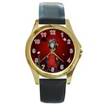 Funny, Cute Parrot With Butterflies Round Gold Metal Watch