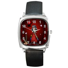 Funny, Cute Parrot With Butterflies Square Metal Watch by FantasyWorld7