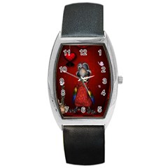 Funny, Cute Parrot With Butterflies Barrel Style Metal Watch by FantasyWorld7