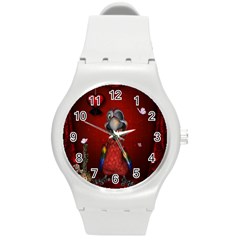 Funny, Cute Parrot With Butterflies Round Plastic Sport Watch (m) by FantasyWorld7