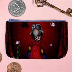 Funny, Cute Parrot With Butterflies Large Coin Purse by FantasyWorld7