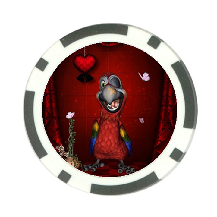 Funny, Cute Parrot With Butterflies Poker Chip Card Guard