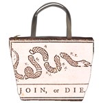 Original Design, Join or Die, Benjamin Franklin Political Cartoon Bucket Bags Front