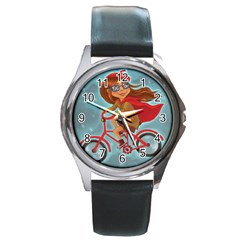 Girl On A Bike Round Metal Watch