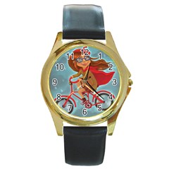 Girl On A Bike Round Gold Metal Watch