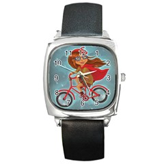 Girl On A Bike Square Metal Watch