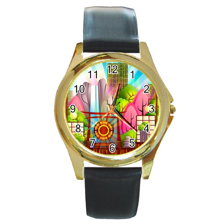 Zen Garden Japanese Nature Garden Round Gold Metal Watch